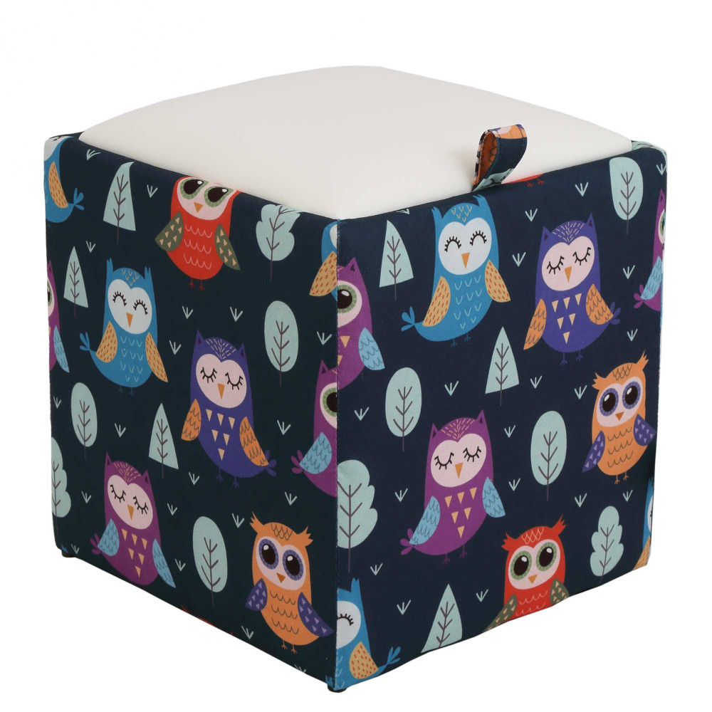 Taburet Box - stofa print bufnite/imitatie piele alb Taburet Box - stofa print bufnite/imitatie piele alb
