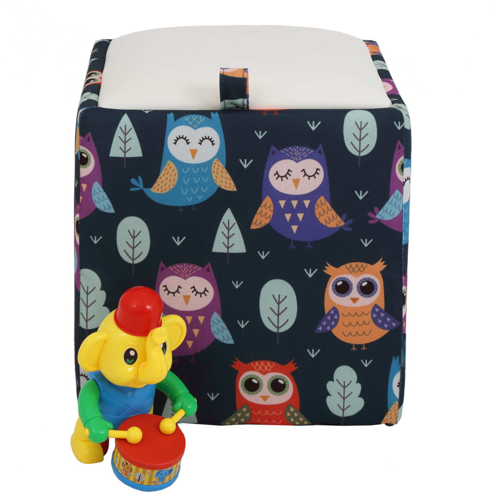 Taburet Box - stofa print bufnite/imitatie piele alb Taburet Box - stofa print bufnite/imitatie piele alb