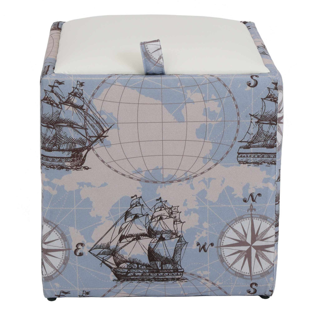 Taburet Box - stofa print corabii bleu/imitatie piele alb Taburet Box - stofa print corabii bleu/imitatie piele alb