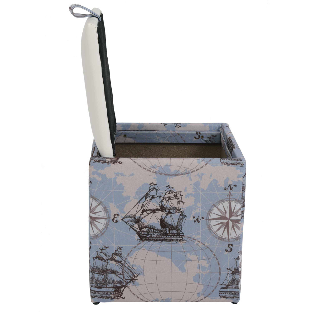 Taburet Box - stofa print corabii bleu/imitatie piele alb Taburet Box - stofa print corabii bleu/imitatie piele alb