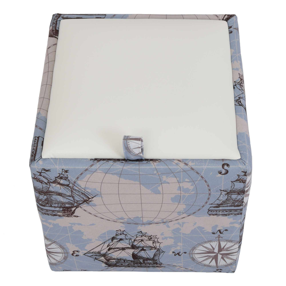Taburet Box - stofa print corabii bleu/imitatie piele alb Taburet Box - stofa print corabii bleu/imitatie piele alb