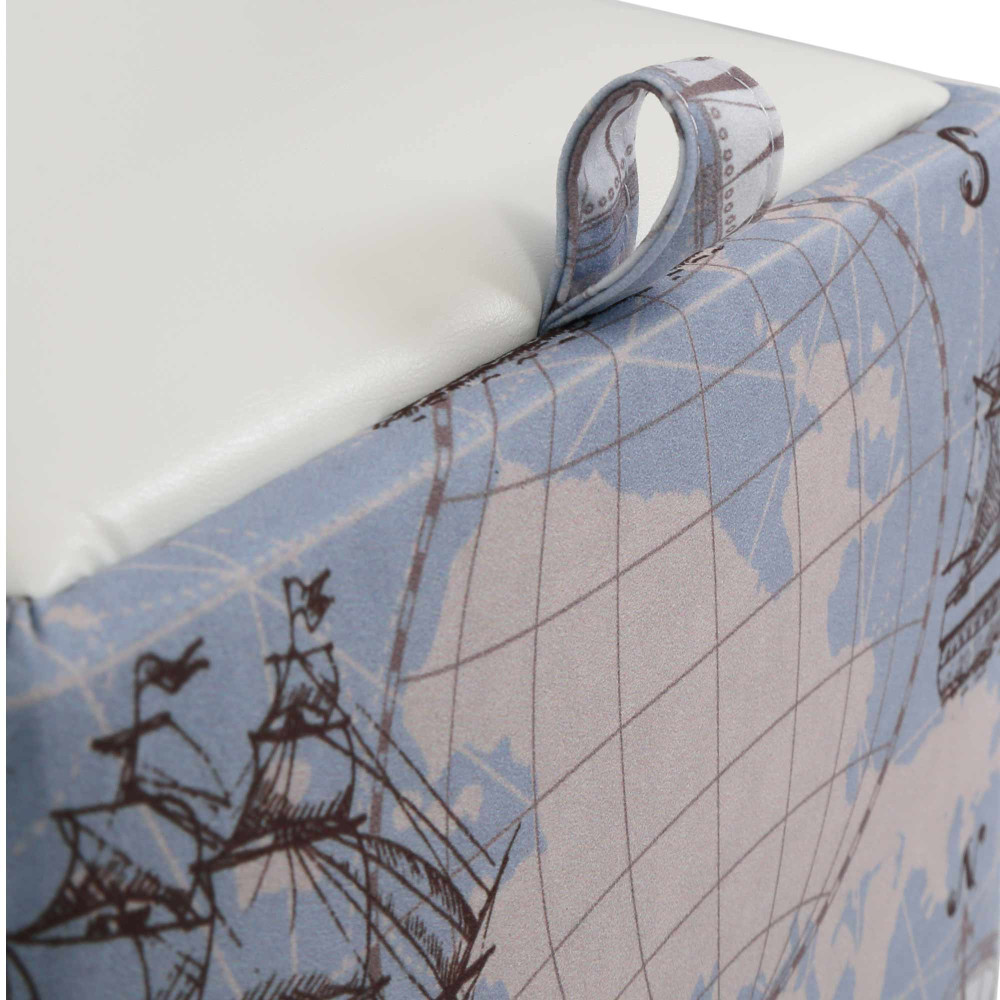 Taburet Box - stofa print corabii bleu/imitatie piele alb Taburet Box - stofa print corabii bleu/imitatie piele alb