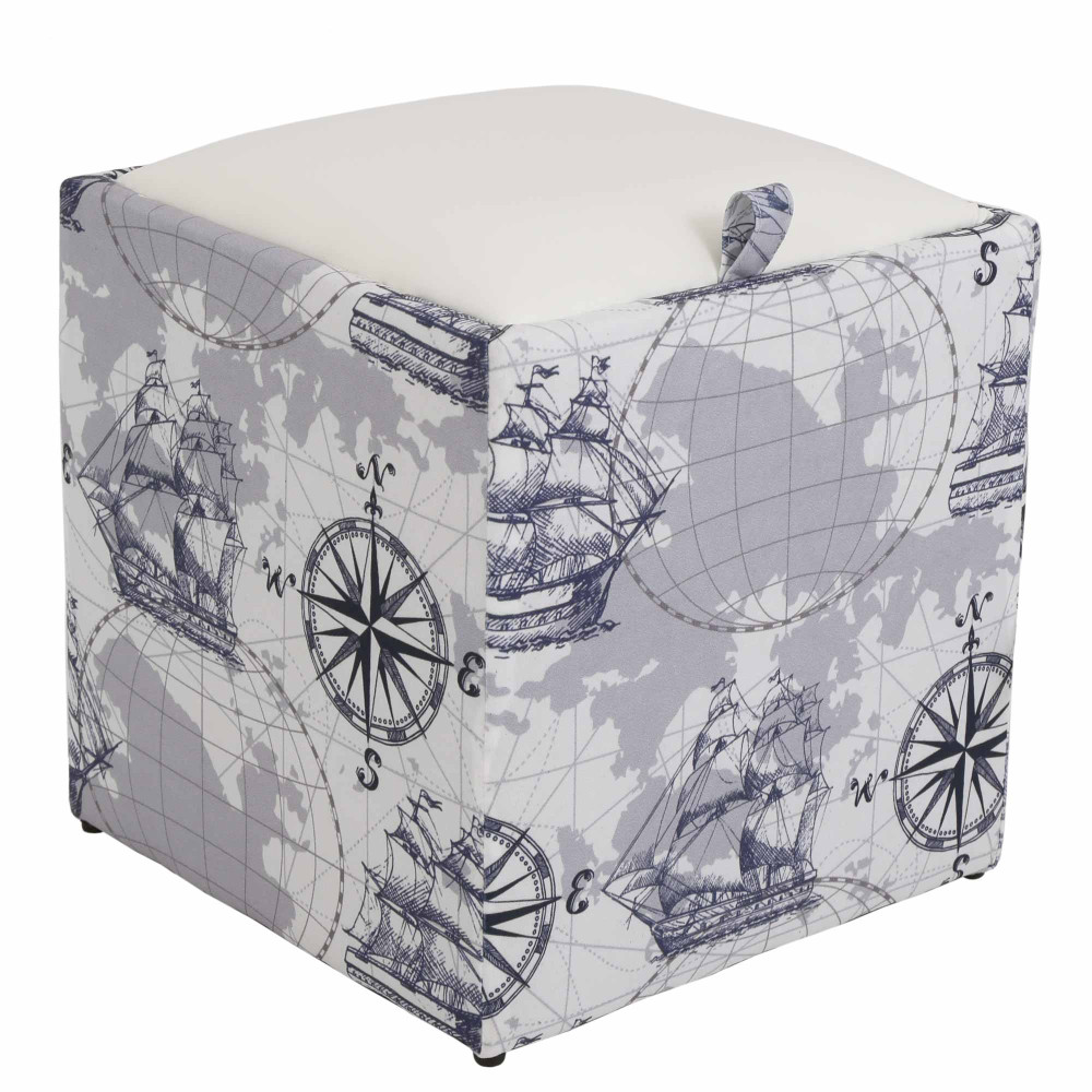 Taburet Box - stofa print corabii gri/imitatie piele alb Taburet Box - stofa print corabii gri/imitatie piele alb