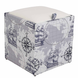 Taburet Box - stofa print corabii gri/imitatie piele alb Taburet Box - stofa print corabii gri/imitatie piele alb