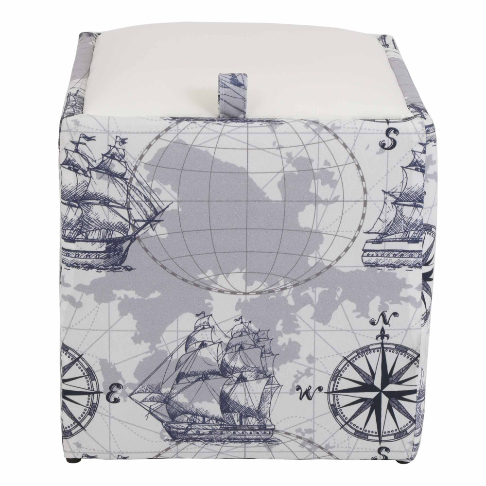 Taburet Box - stofa print corabii gri/imitatie piele alb Taburet Box - stofa print corabii gri/imitatie piele alb