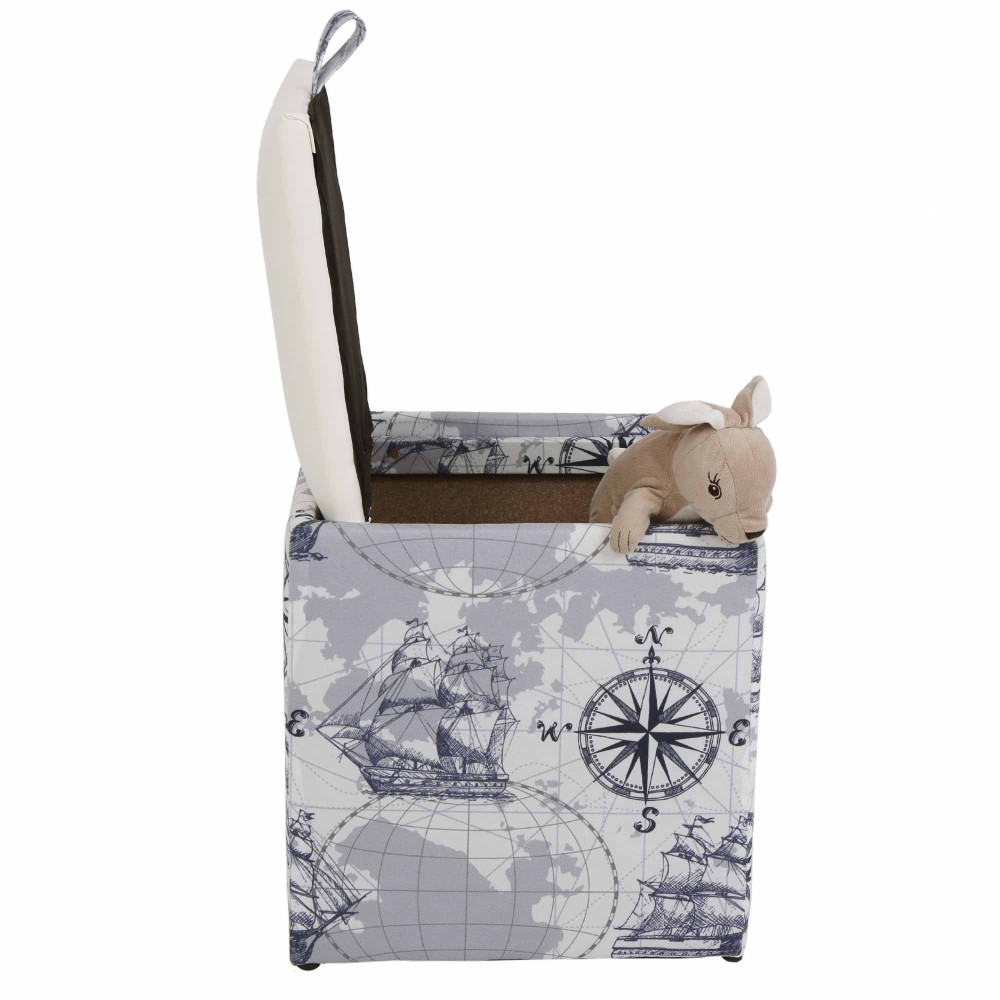 Taburet Box - stofa print corabii gri/imitatie piele alb Taburet Box - stofa print corabii gri/imitatie piele alb