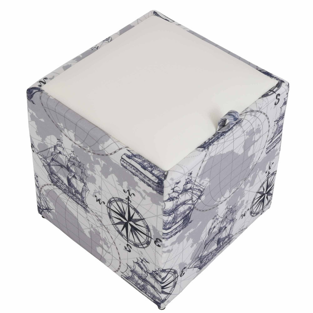 Taburet Box - stofa print corabii gri/imitatie piele alb Taburet Box - stofa print corabii gri/imitatie piele alb