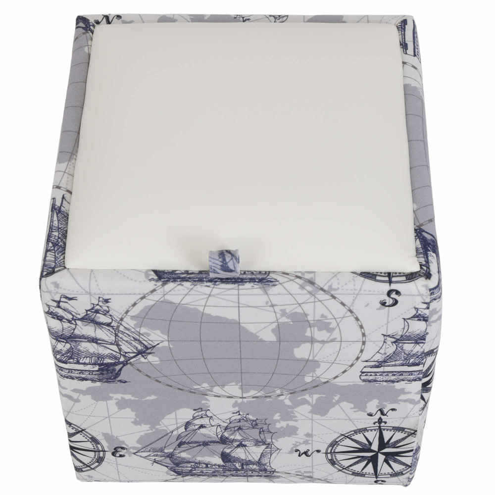 Taburet Box - stofa print corabii gri/imitatie piele alb Taburet Box - stofa print corabii gri/imitatie piele alb