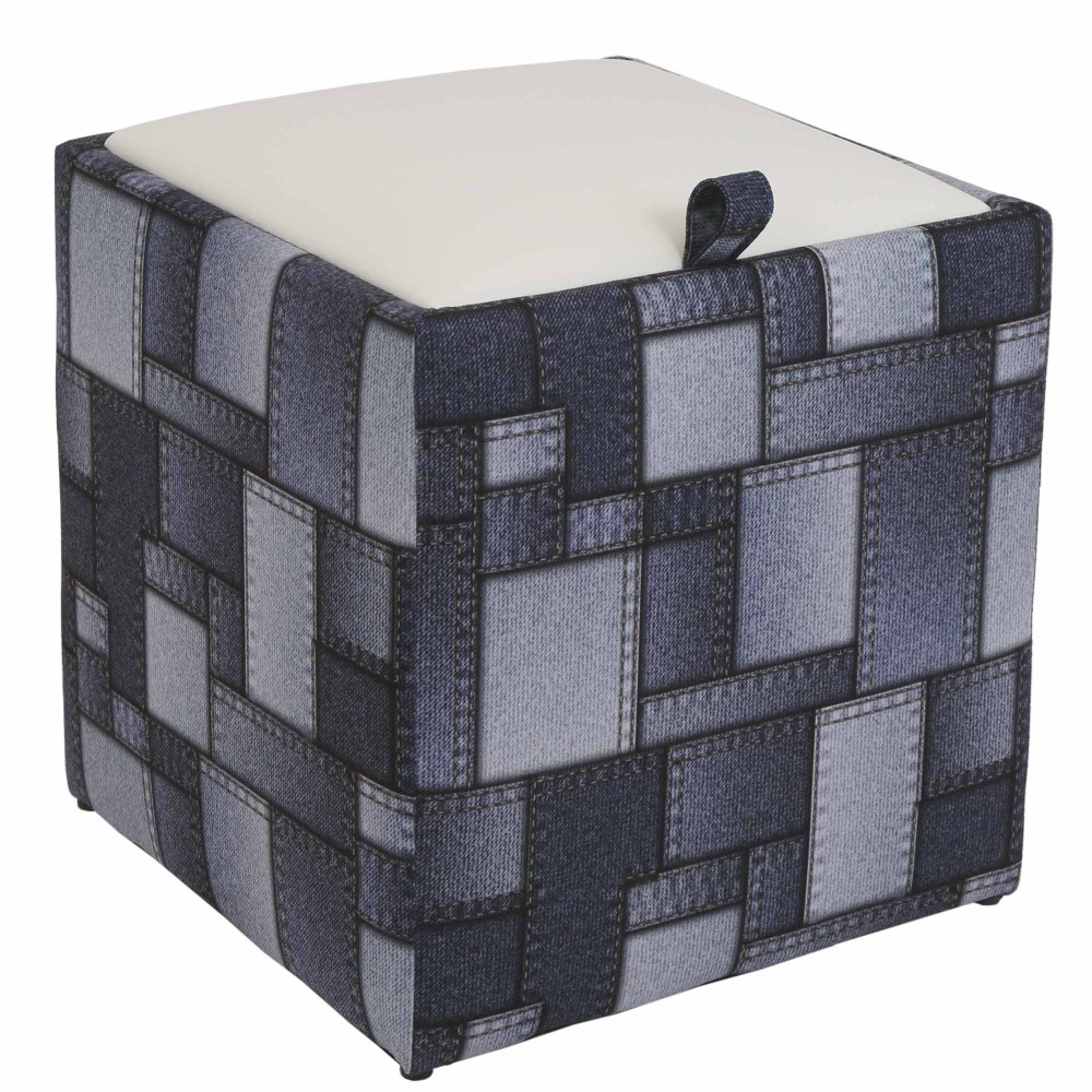 Taburet Box - stofa print patch dreptunghi/imitatie piele alb 