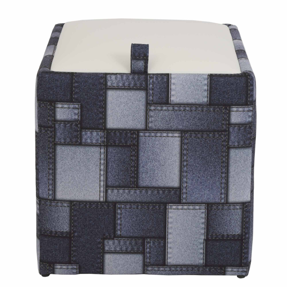 Taburet Box - stofa print patch dreptunghi/imitatie piele alb 