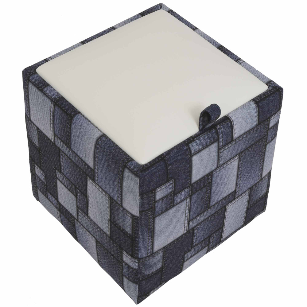 Taburet Box - stofa print patch dreptunghi/imitatie piele alb 