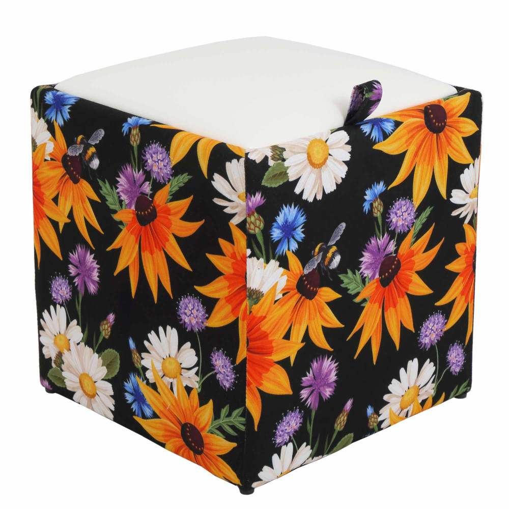Taburet Box - stofa print flori de camp/imitatie piele alb Taburet Box - stofa print flori de camp/imitatie piele alb