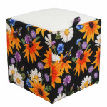 Taburet Box - stofa print flori de camp/imitatie piele alb 