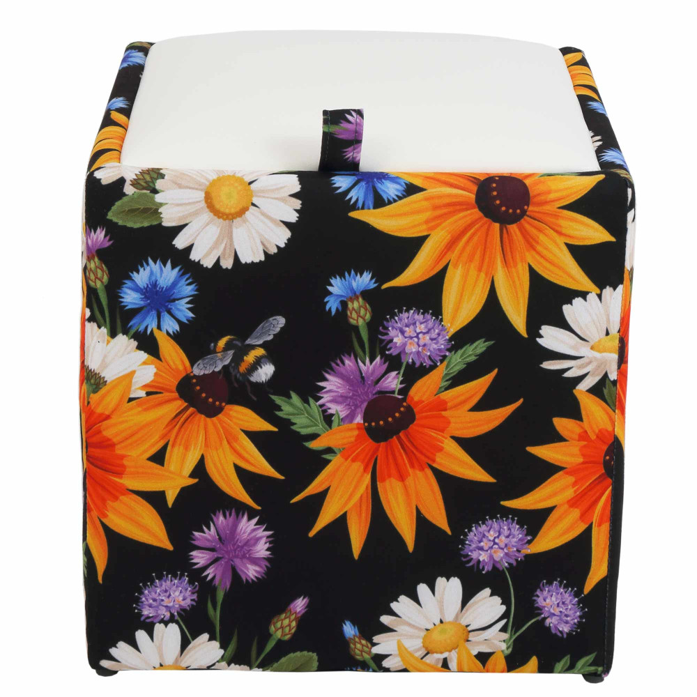 Taburet Box - stofa print flori de camp/imitatie piele alb Taburet Box - stofa print flori de camp/imitatie piele alb