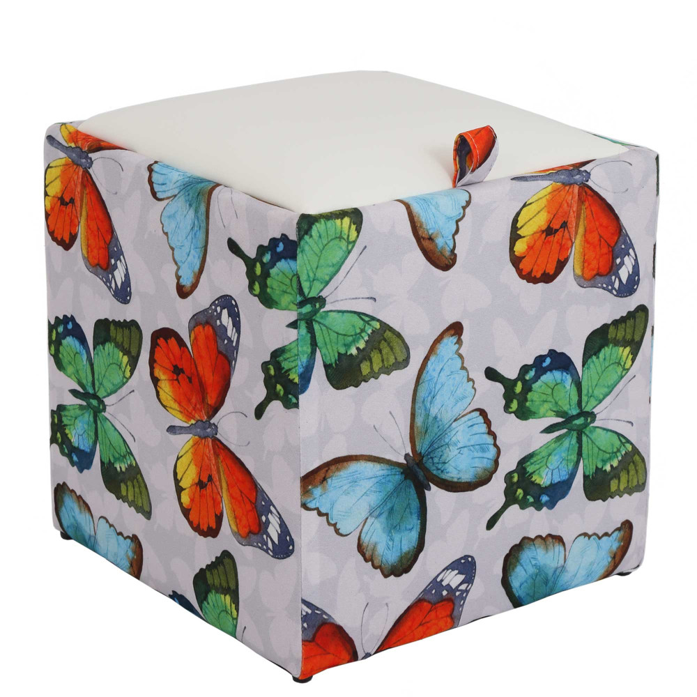 Taburet Box - stofa print fluturi/imitatie piele alb Taburet Box - stofa print fluturi/imitatie piele alb