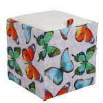 Taburet Box - stofa print fluturi/imitatie piele alb 