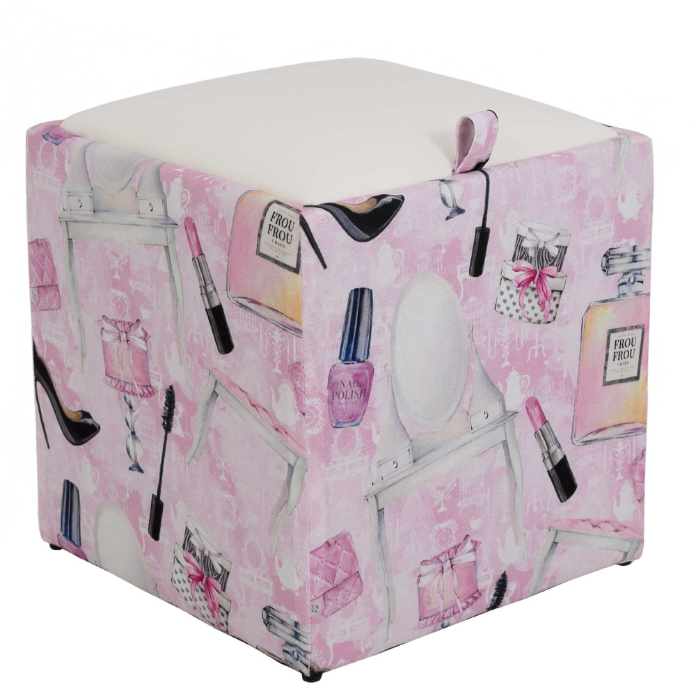 Taburet Box - stofa print make-up/imitatie piele alb Taburet Box - stofa print make-up/imitatie piele alb