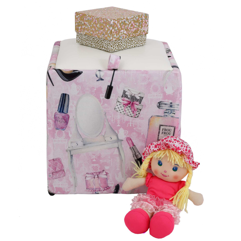 Taburet Box - stofa print make-up/imitatie piele alb Taburet Box - stofa print make-up/imitatie piele alb