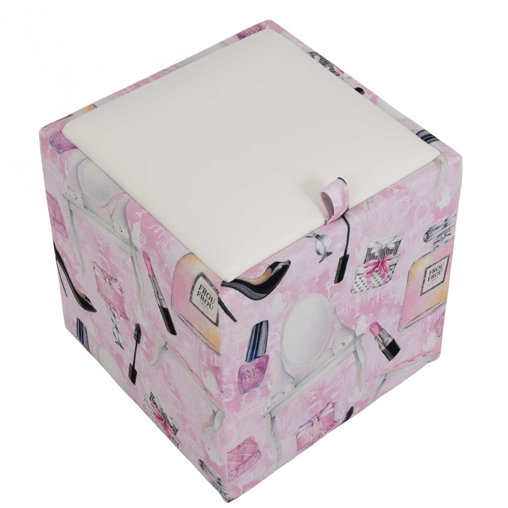 Taburet Box - stofa print make-up/imitatie piele alb Taburet Box - stofa print make-up/imitatie piele alb