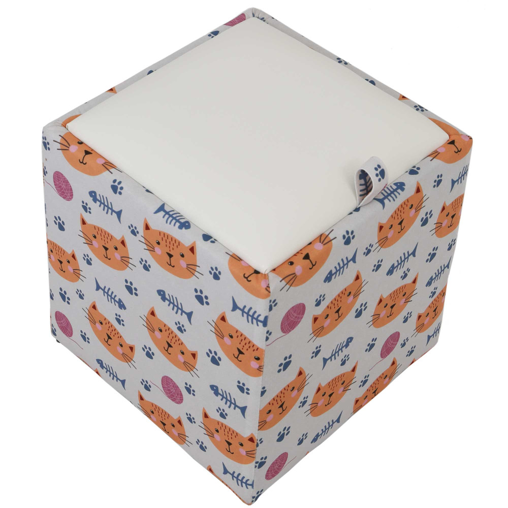 Taburet Box - stofa print pisici portocalii/imitatie piele alb Taburet Box - stofa print pisici portocalii/imitatie piele alb