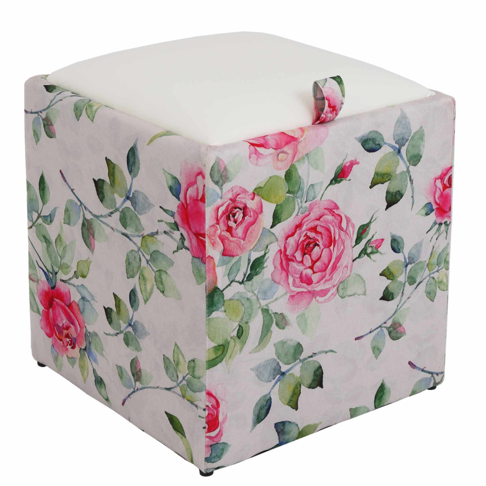 Taburet Box - stofa print trandafiri/imitatie piele alb Taburet Box - stofa print trandafiri/imitatie piele alb