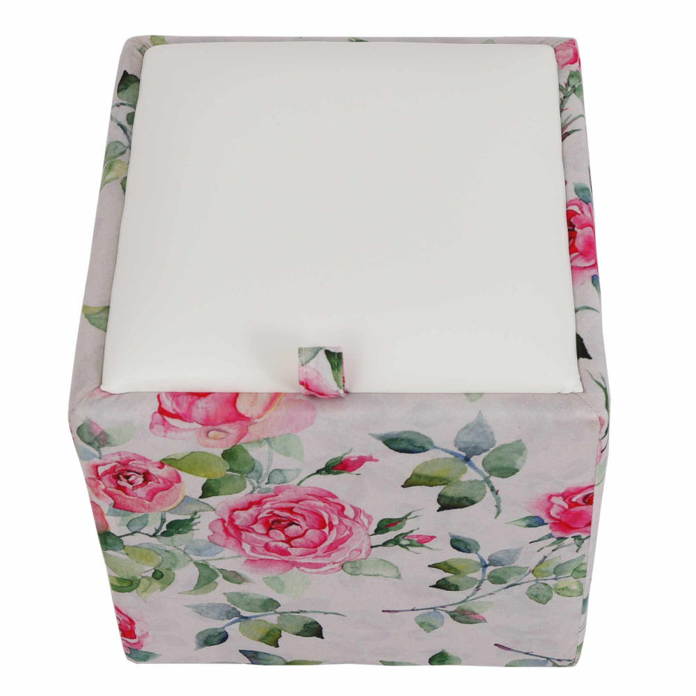 Taburet Box - stofa print trandafiri/imitatie piele alb Taburet Box - stofa print trandafiri/imitatie piele alb
