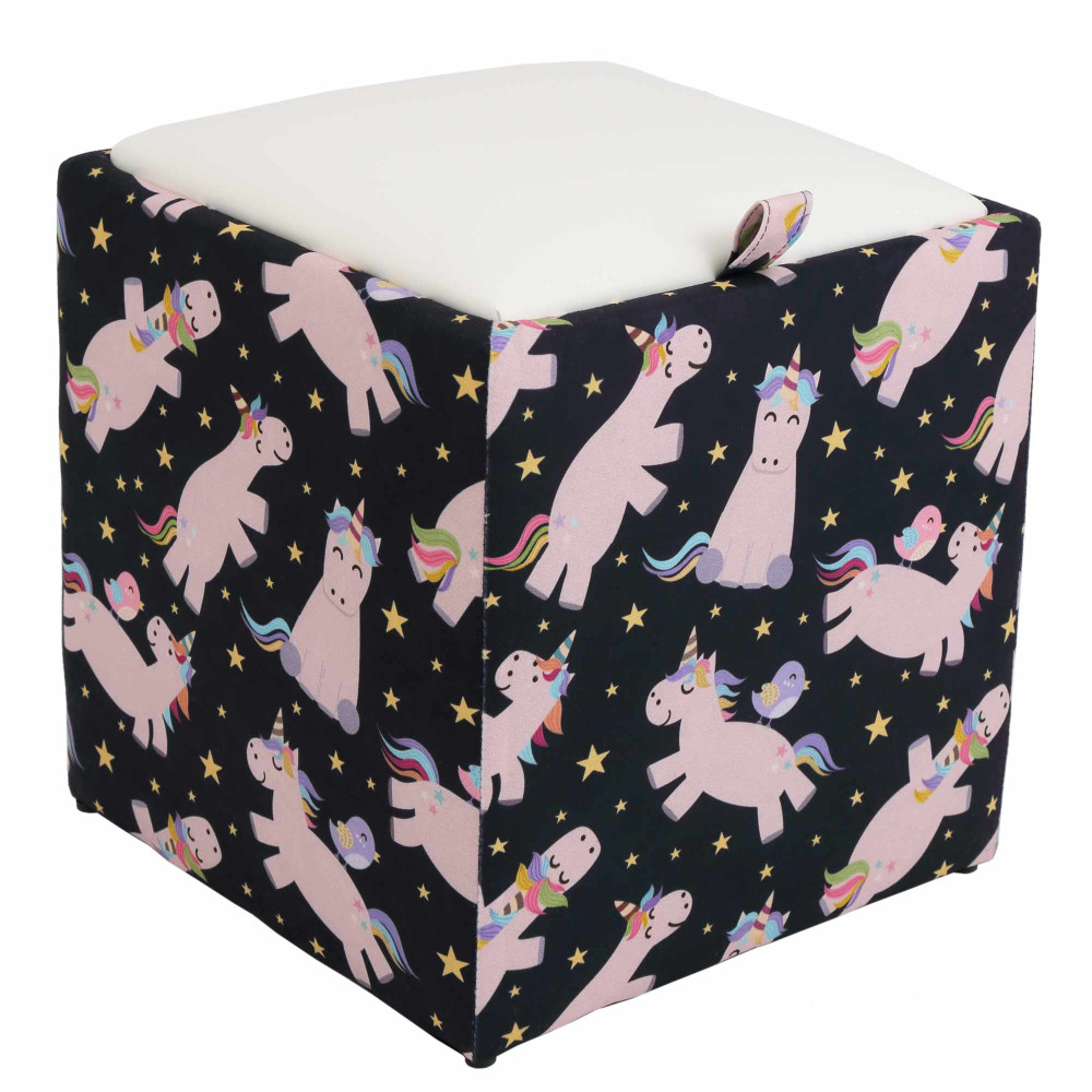 Taburet Box - stofa print unicorni/imitatie piele alb Taburet Box - stofa print unicorni/imitatie piele alb