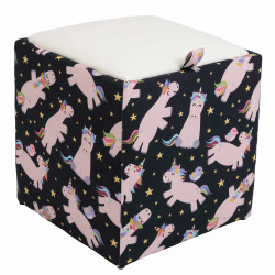 Taburet Box - stofa print unicorni/imitatie piele alb Taburet Box - stofa print unicorni/imitatie piele alb