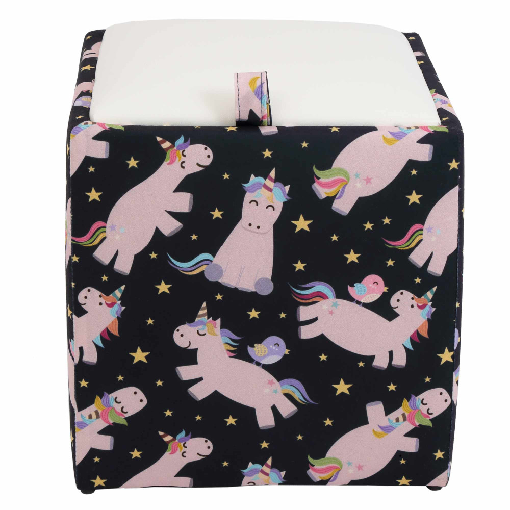 Taburet Box - stofa print unicorni/imitatie piele alb Taburet Box - stofa print unicorni/imitatie piele alb